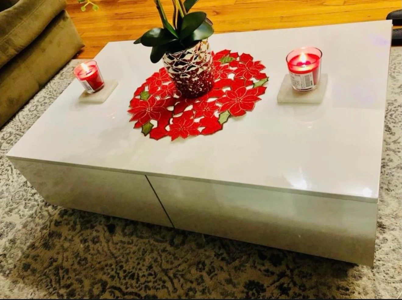 White Glossy Coffee Table with Storage Drawers