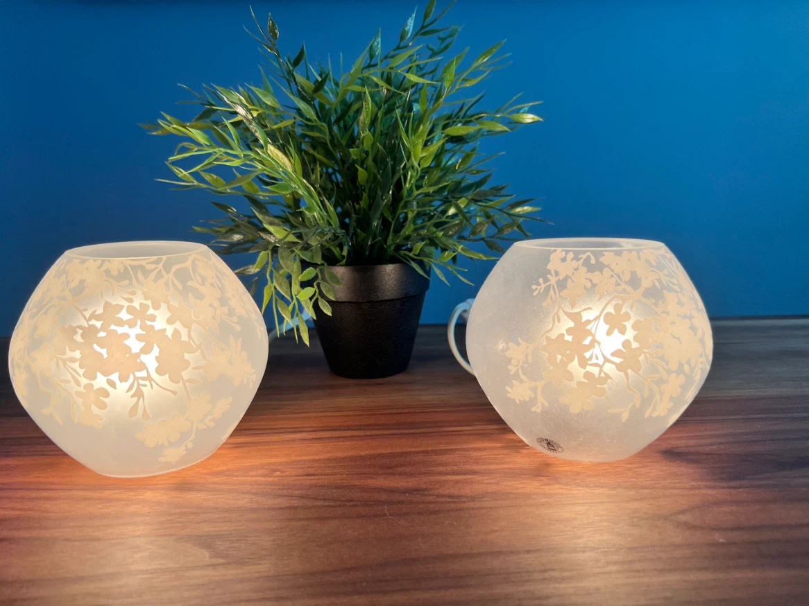 Set of two frosted glass floral table lamps