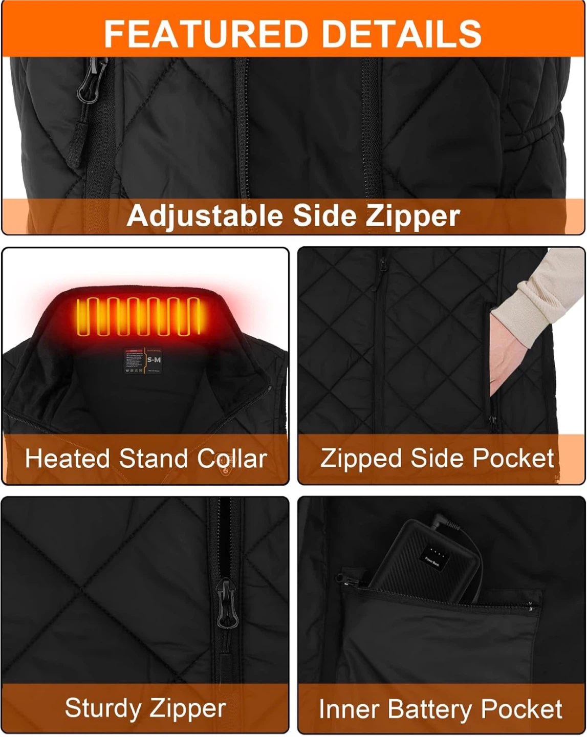 Unisex Heated Vest with 16000mAh Power Bank, Black, S-M - photo 5