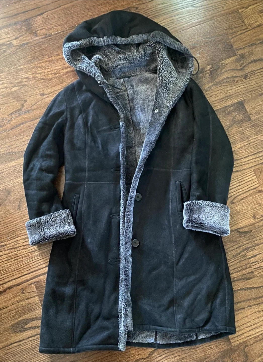 Black Suede & Faux Fur Hooded Coat, Size S