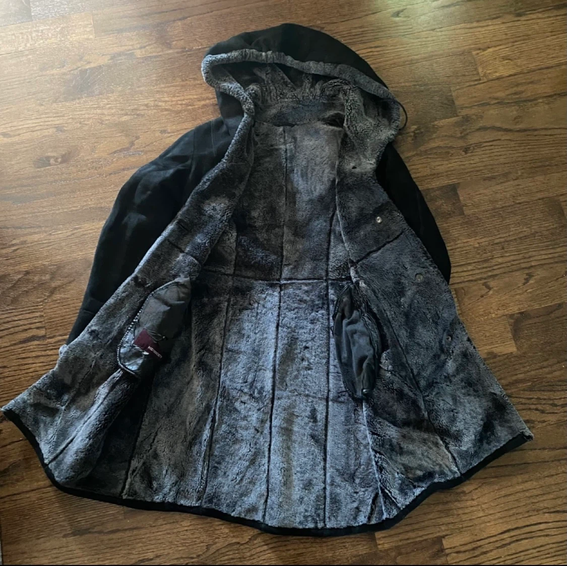 Black Suede & Faux Fur Hooded Coat, Size S - photo 2
