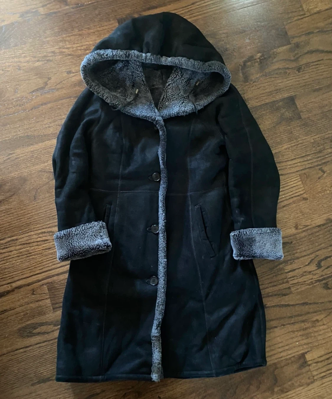 Black Suede & Faux Fur Hooded Coat, Size S - photo 4