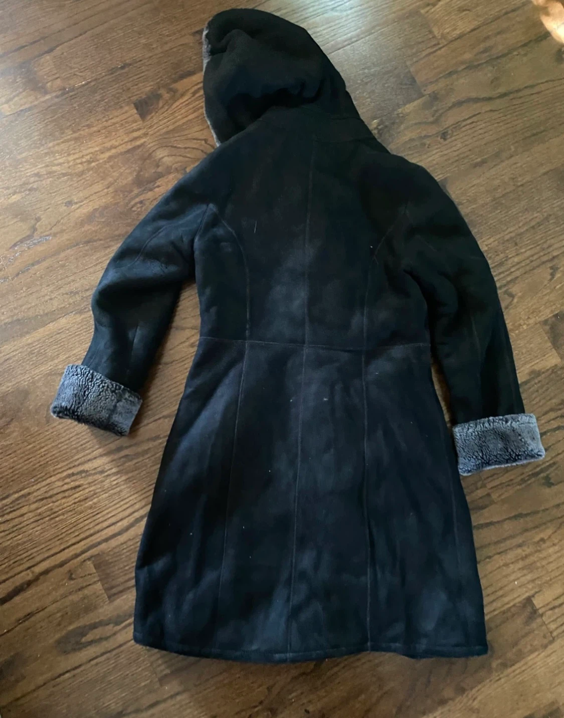 Black Suede & Faux Fur Hooded Coat, Size S - photo 5