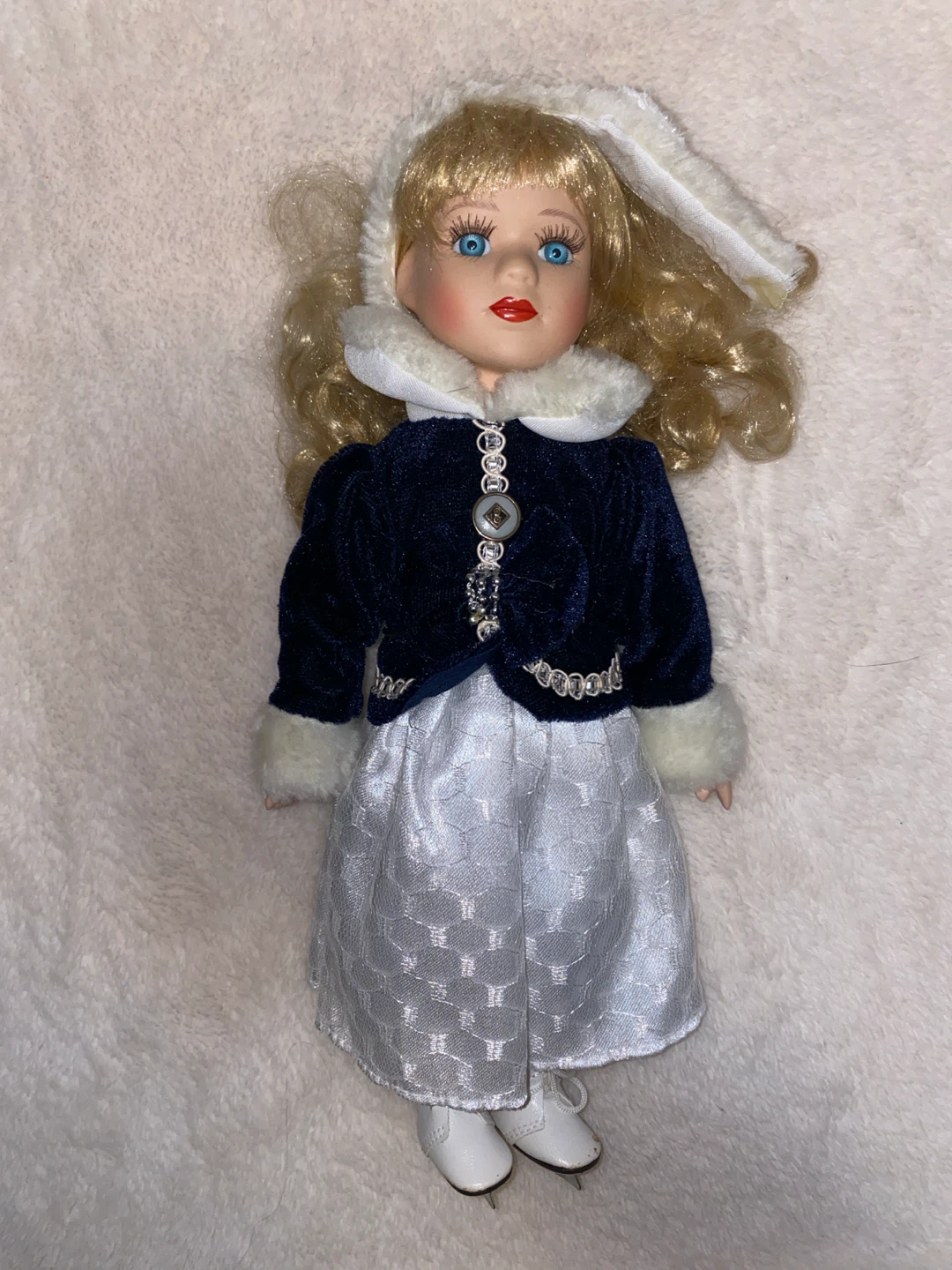 Porcelain Doll Snow Princess Winter Figure Skater Blue & White