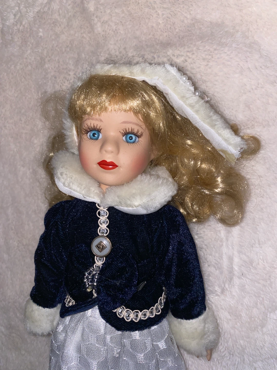 Porcelain Doll Snow Princess Winter Figure Skater Blue & White - photo 2