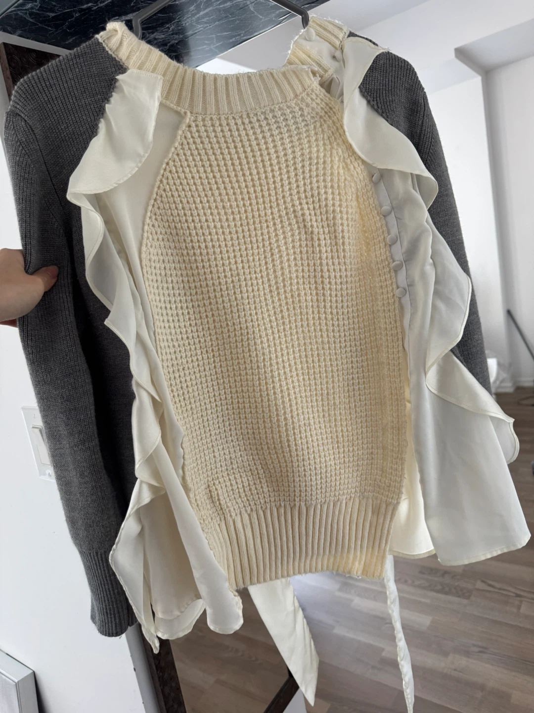 Sacai Knit and Chiffon Ruffle Sweater - photo 4