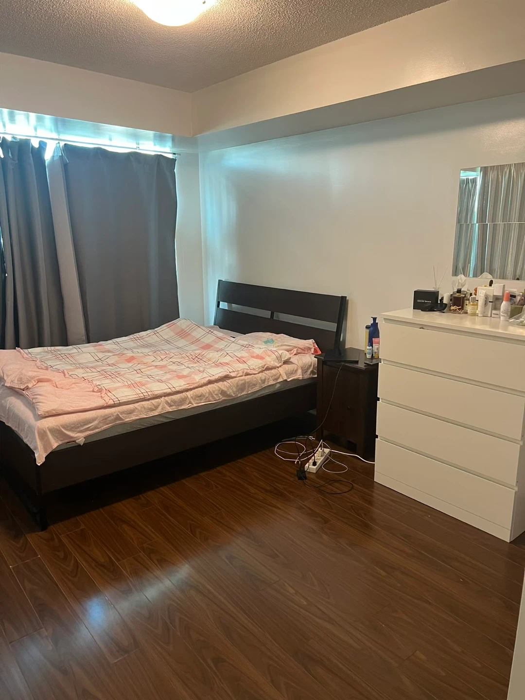 Queen size-Ikea Dark Brown Wood Bed Frame with bed mattress