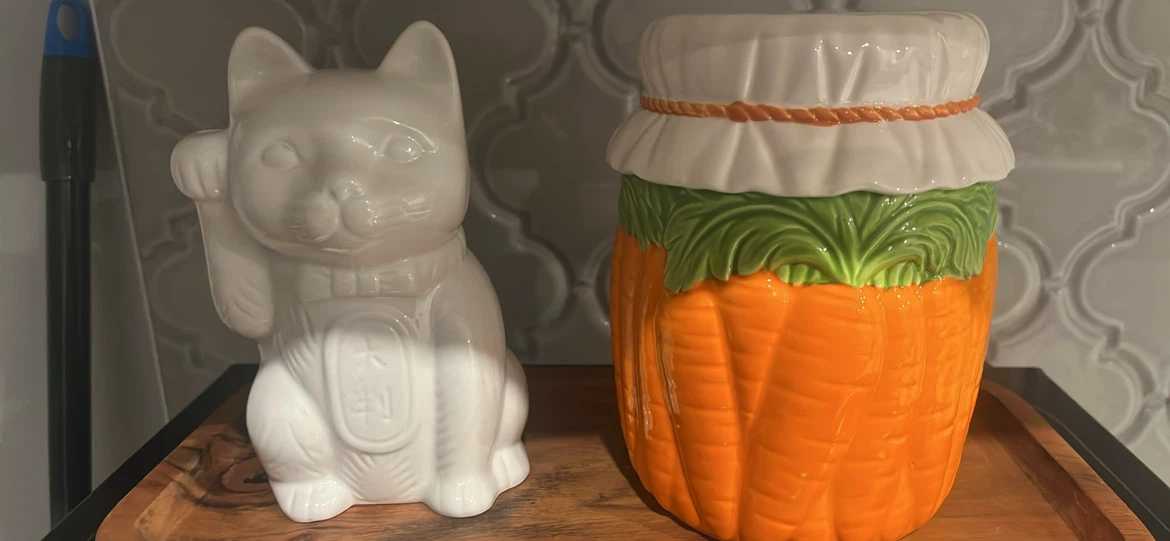 Ceramic Lucky Cat and Carrot Cookie Jar