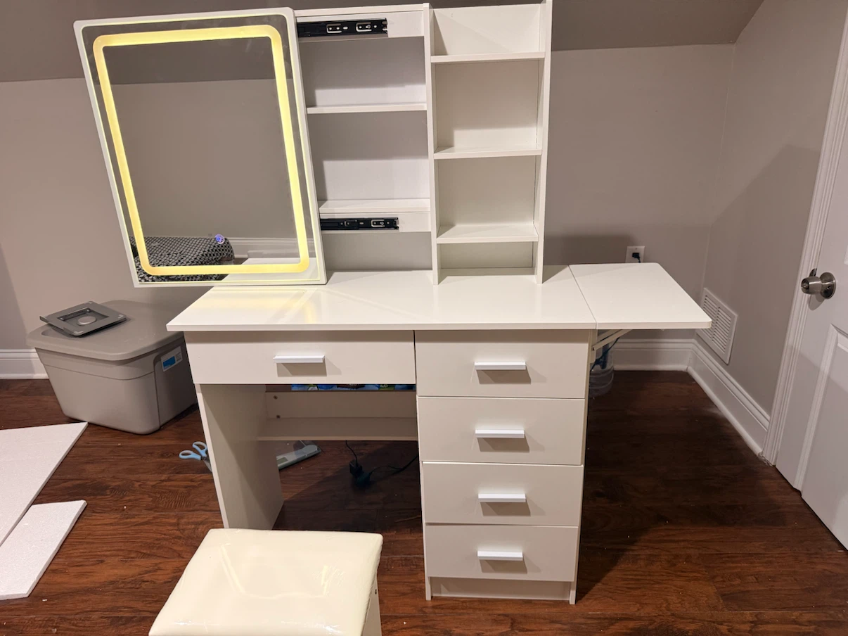 White Vanity Desk with LED Light Mirror and Stool