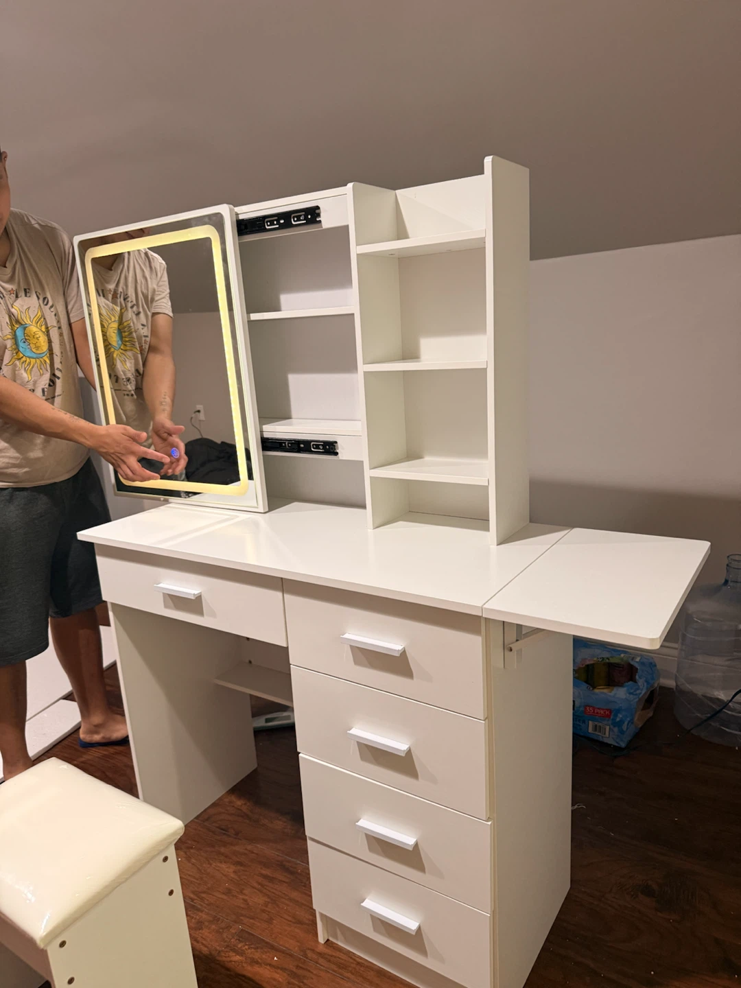 White Vanity Desk with LED Light Mirror and Stool - photo 4