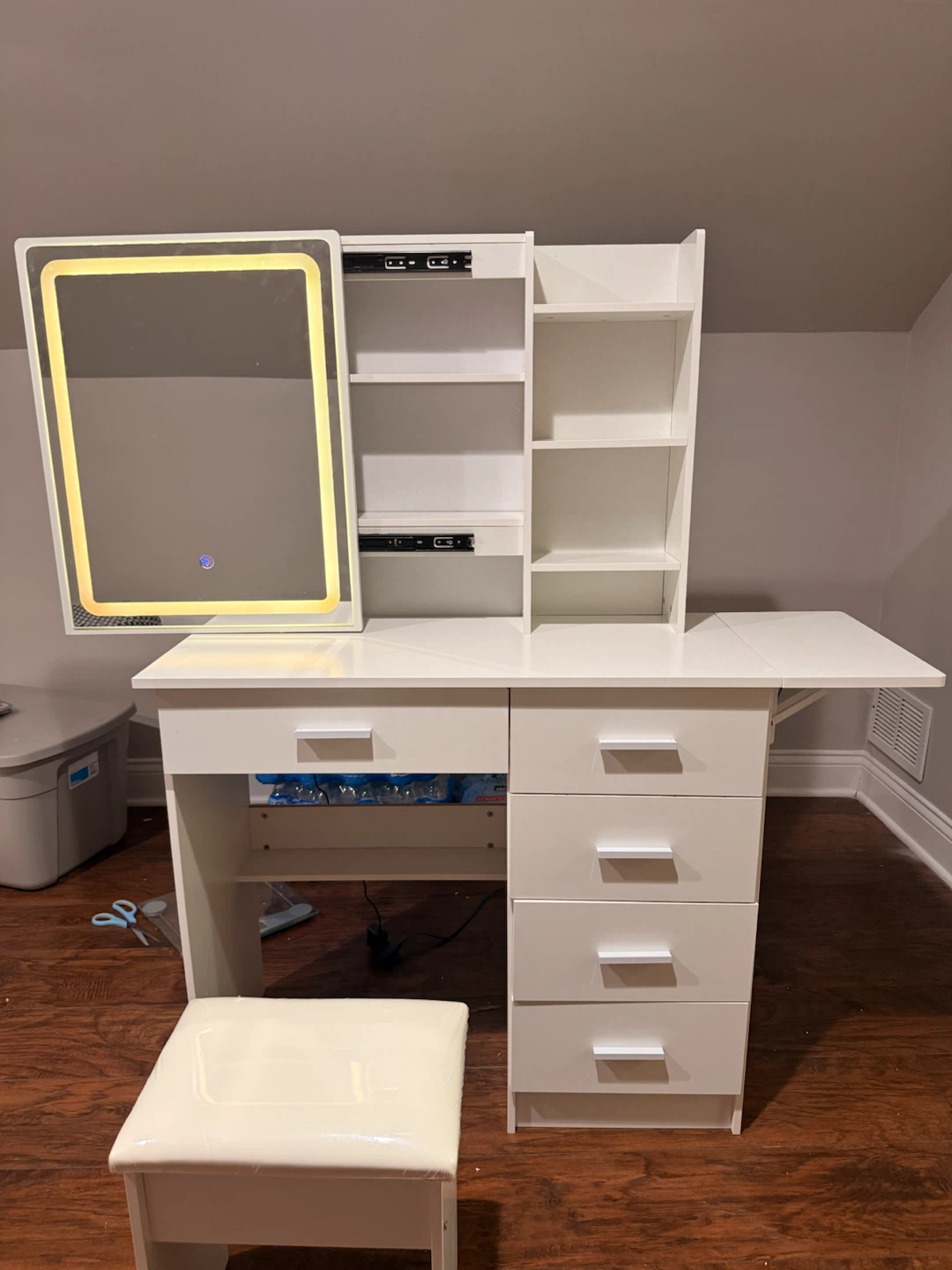 White Vanity Desk with LED Light Mirror and Stool - photo 5