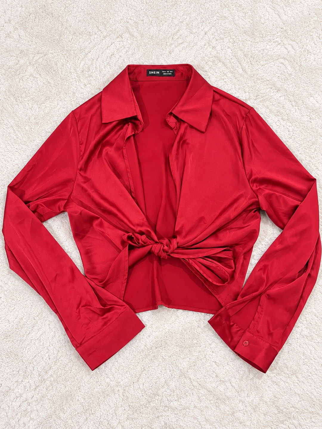 Red Satin Tie-Front Long Sleeve Blouse