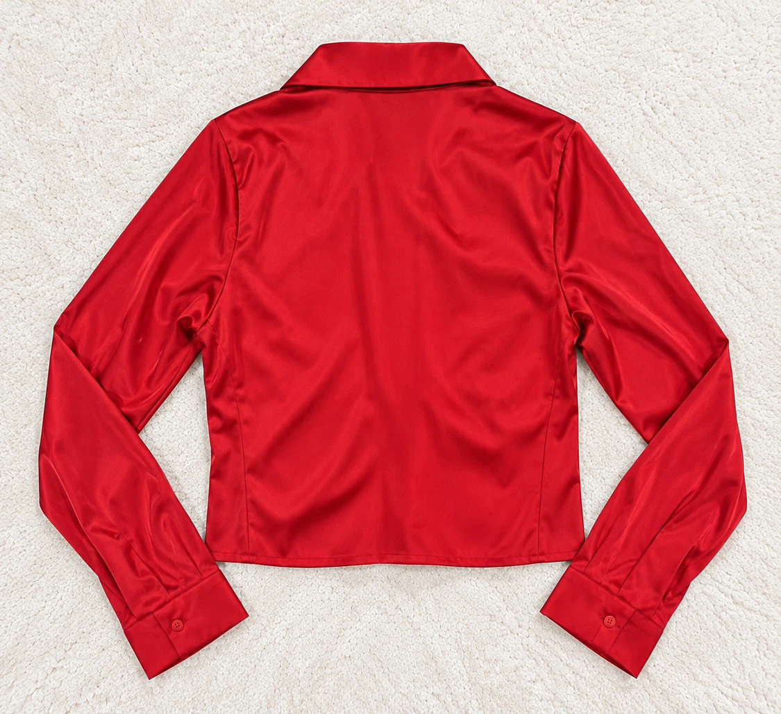 Red Satin Tie-Front Long Sleeve Blouse - photo 2