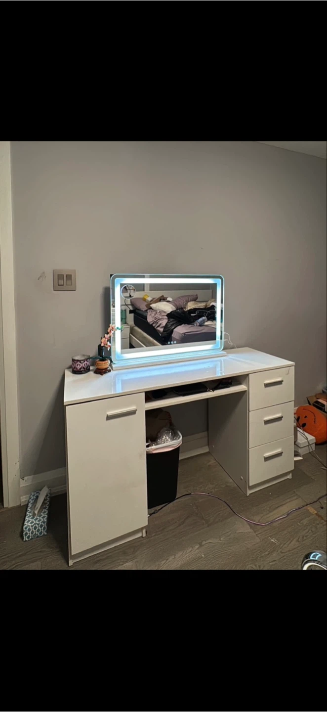 White Vanity Desk with LED Mirror
