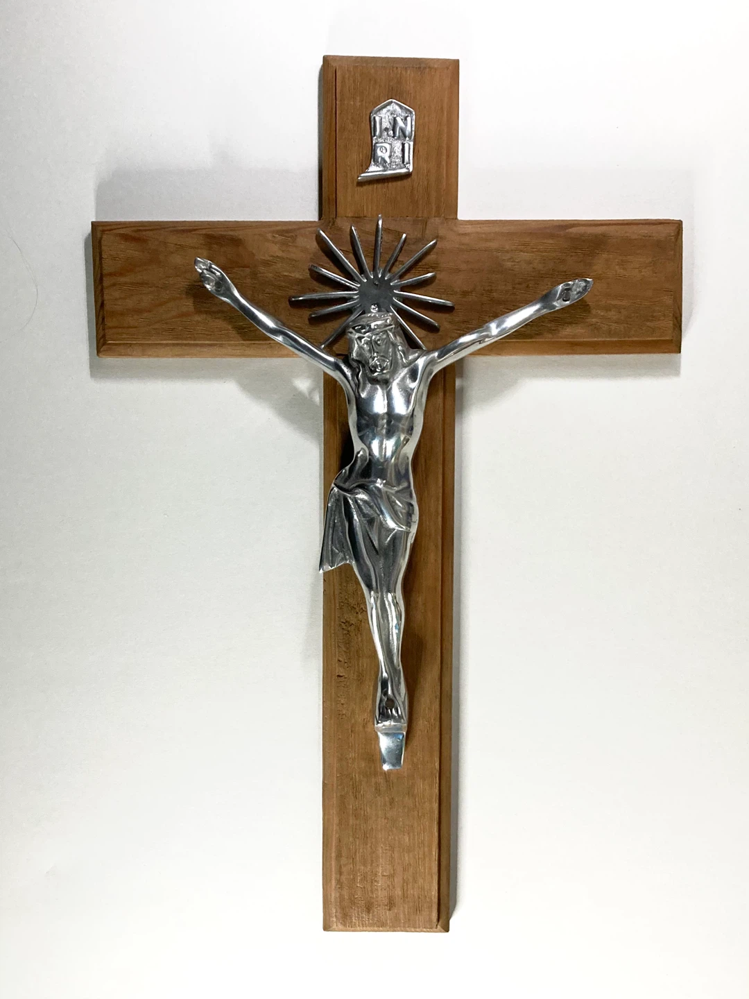 Vintage Large Jesus Christ Chrome Wood Wall Hanging Crucifix - photo 2