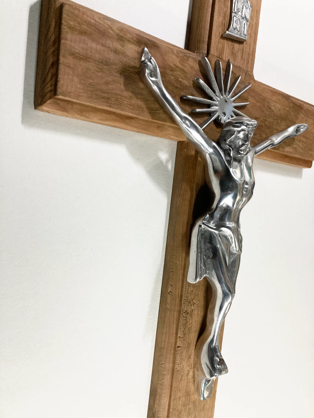 Vintage Large Jesus Christ Chrome Wood Wall Hanging Crucifix - photo 5