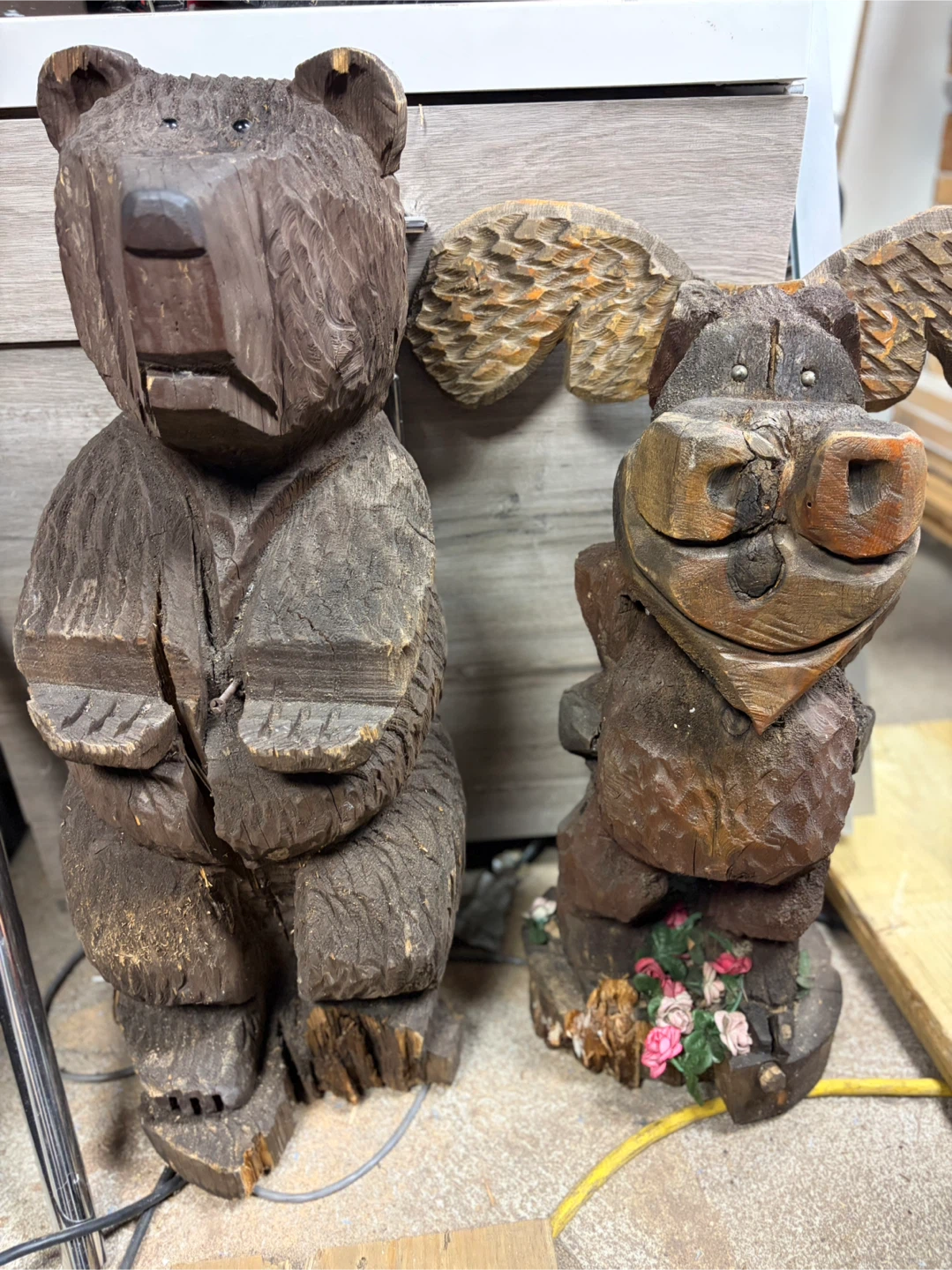 Hand-Carved Wooden Bear and Moose Figurines