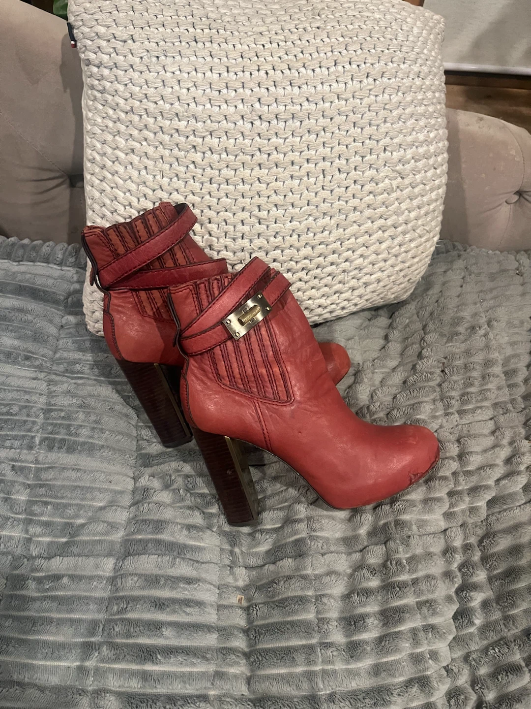 BCBG Max Azria Red Leather Ankle Boots with Buckle Detail