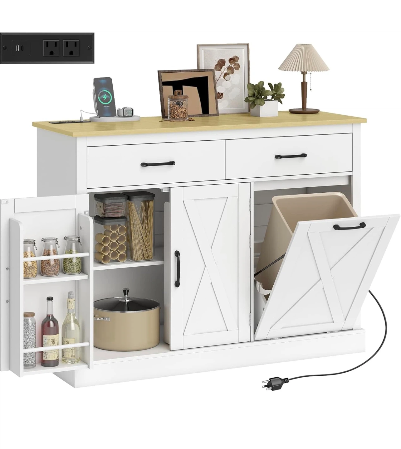NEW! HOMCOM Farmhouse Trash Cabinet with Charging Station