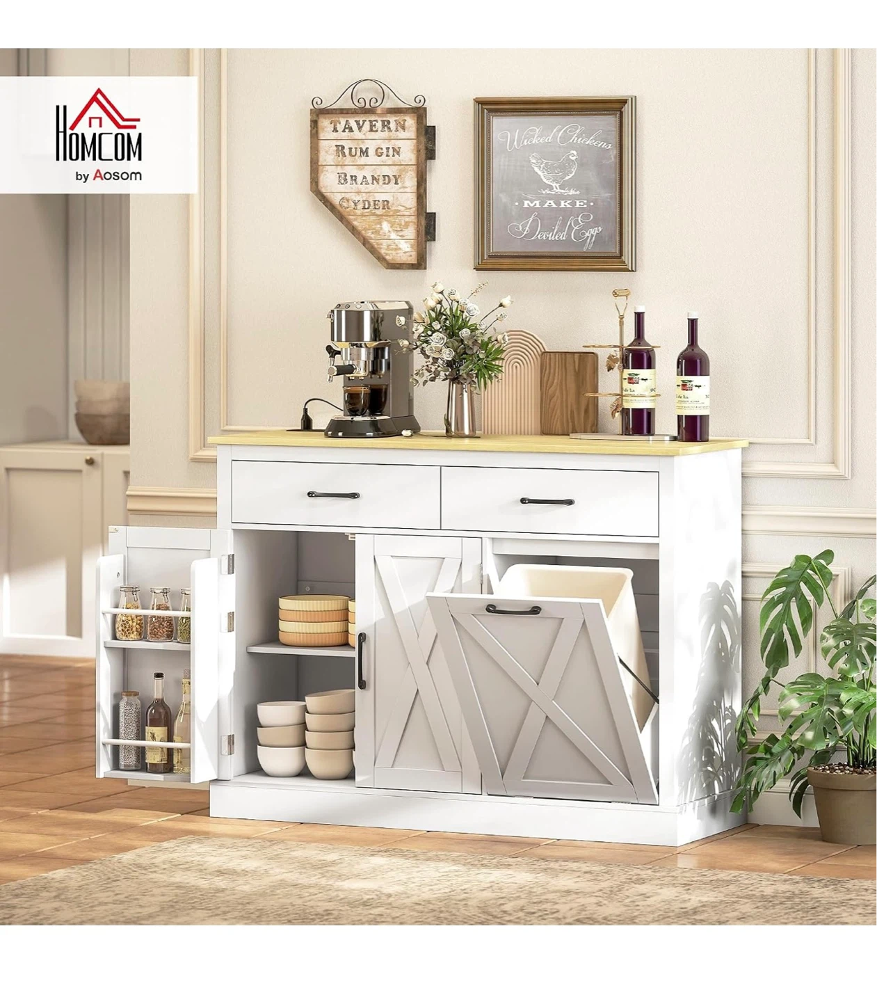 NEW! HOMCOM Farmhouse Trash Cabinet with Charging Station - photo 5