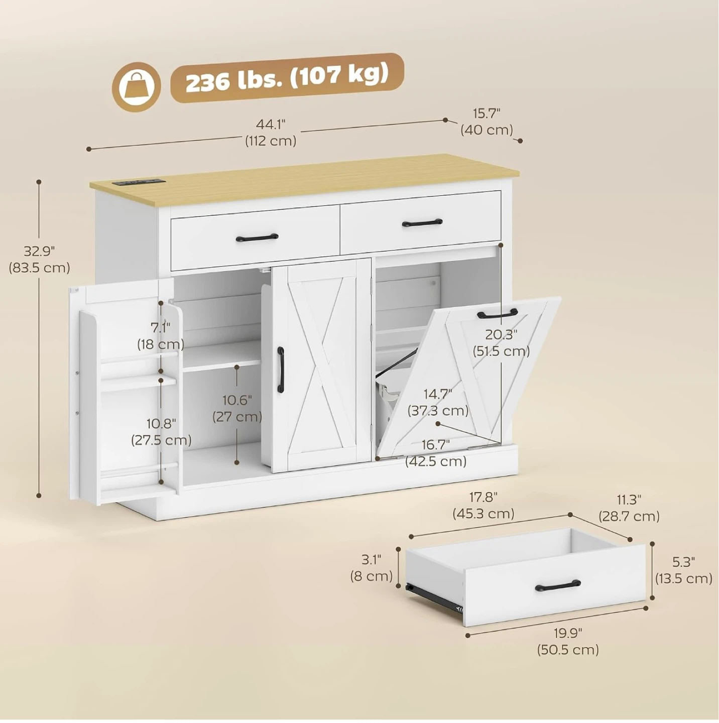 NEW! HOMCOM Farmhouse Trash Cabinet with Charging Station - photo 2
