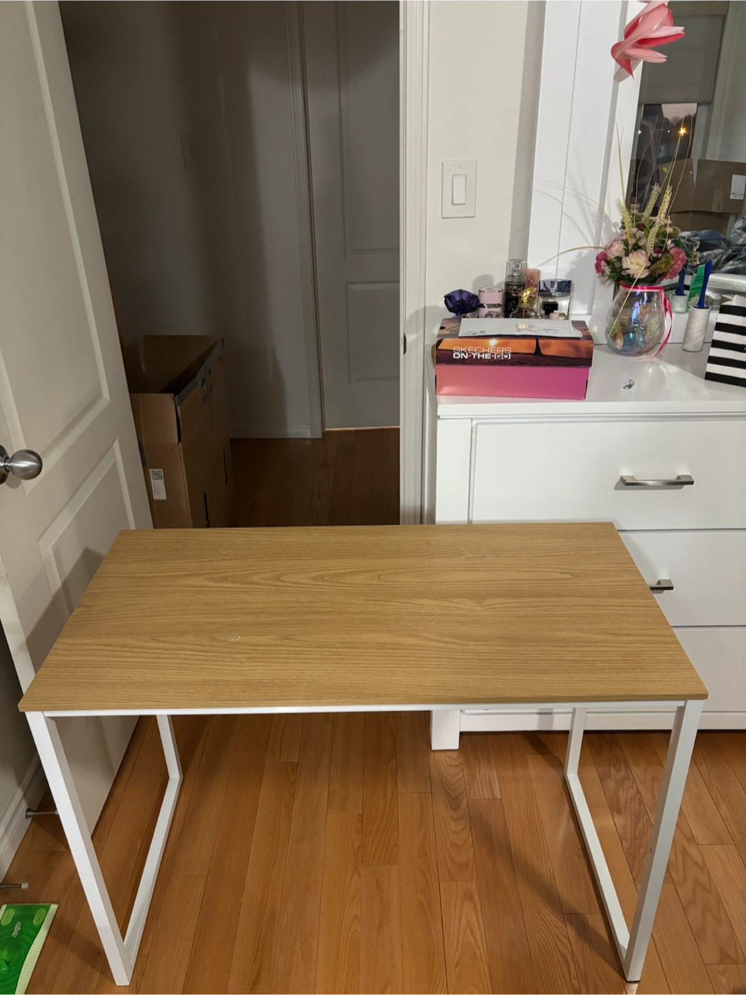Minimalist Oak Wood Desk with White Metal Frame - photo 2