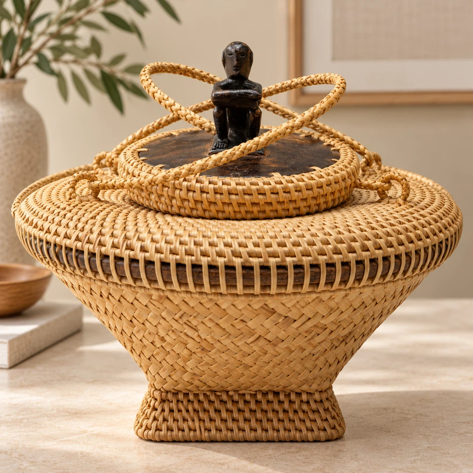 Vintage Handwoven Basket with Carved Wooden Figurine