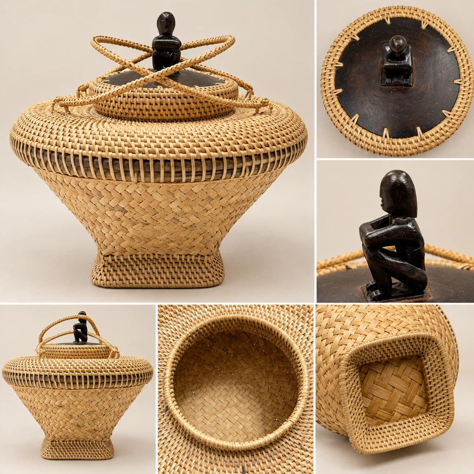 Vintage Handwoven Basket with Carved Wooden Figurine - photo 2