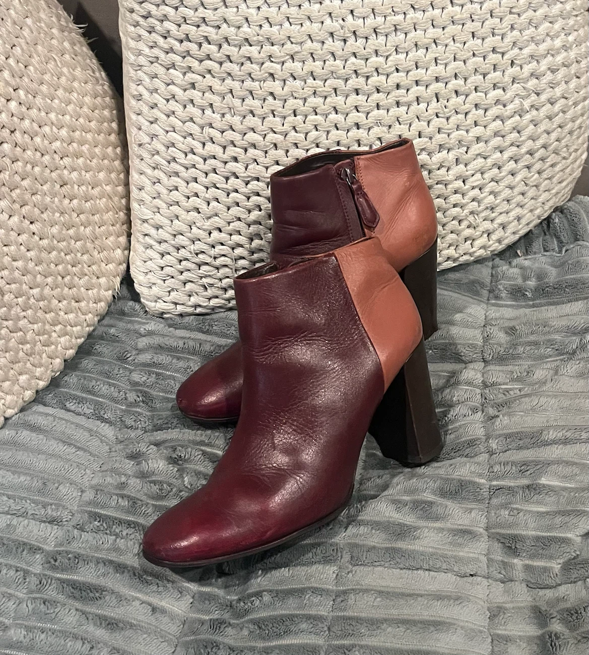 Tory Burch Two-Tone Burgundy and Tan Leather Ankle Boots