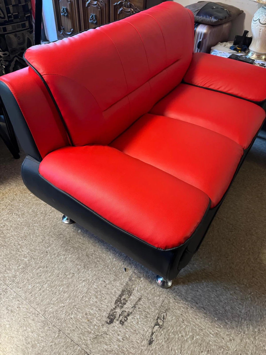 Red and Black Faux Leather Sofa