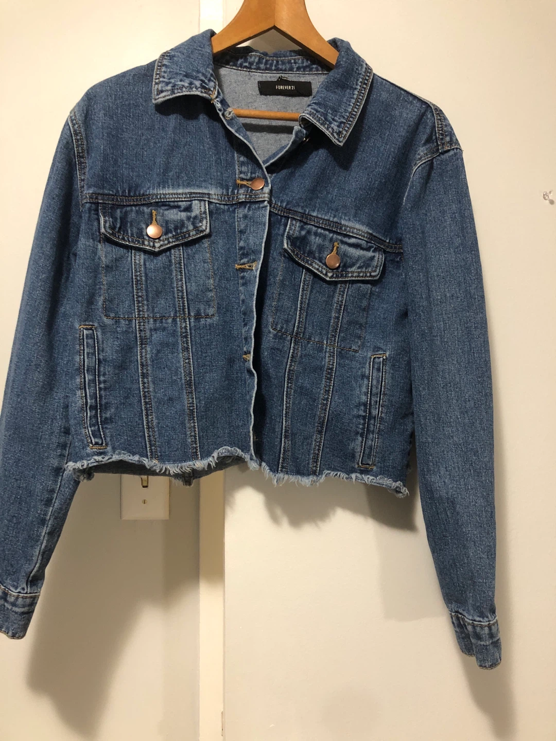 Forever 21 Medium Denim Jacket with Sequin Leopard Patch