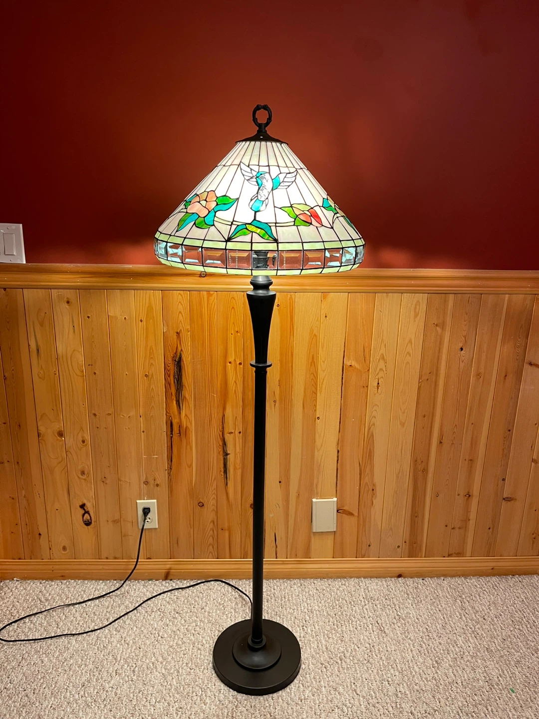 A beautiful Hummingbird Tiffany Style stained glass floor lamp