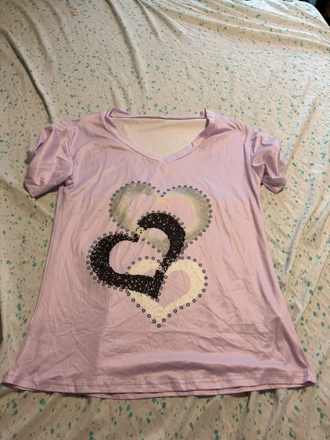 Purple Short-Sleeve V-Neck Heart T-Shirt
