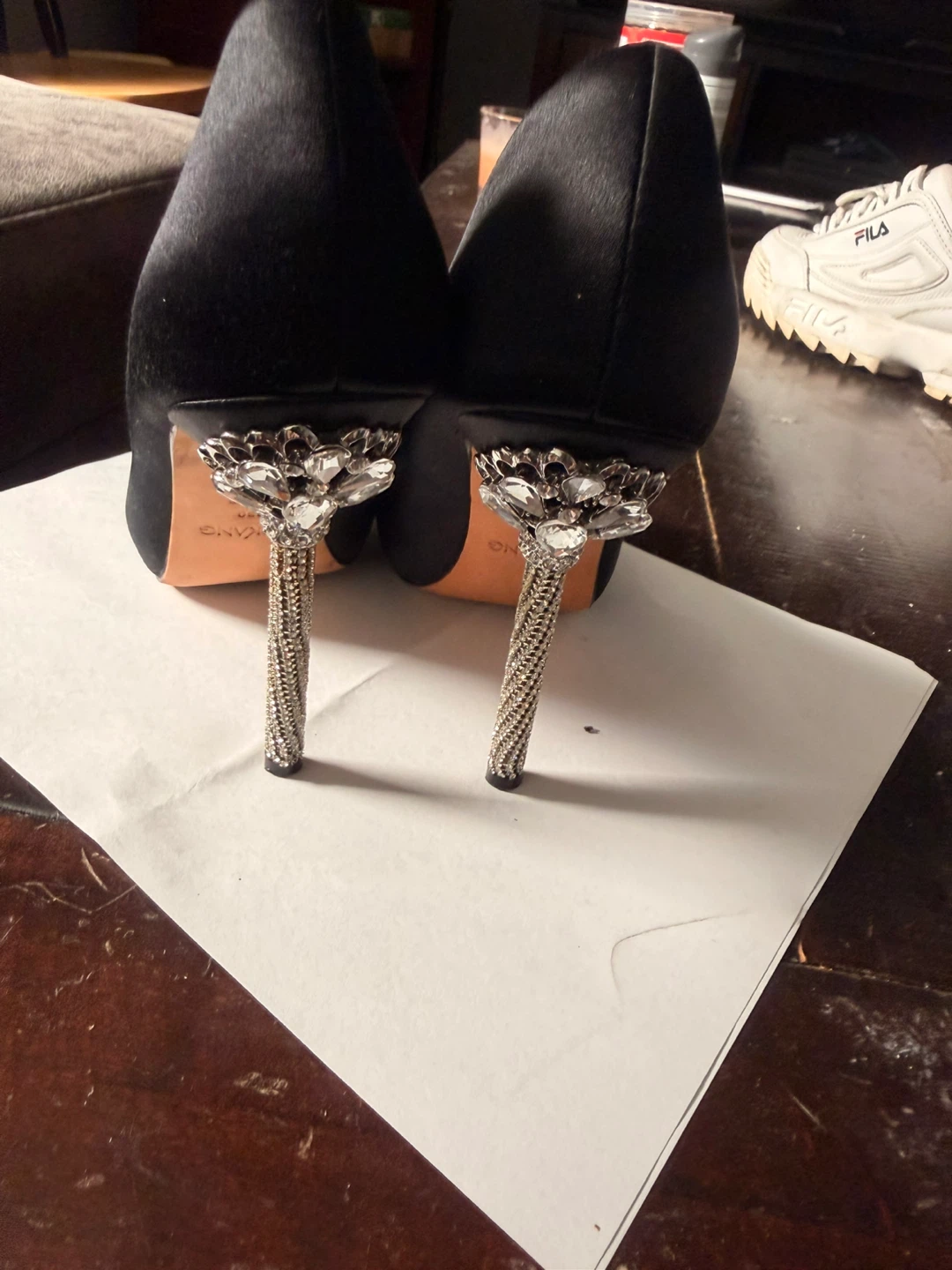Aokang Black Satin Peep-Toe Heels