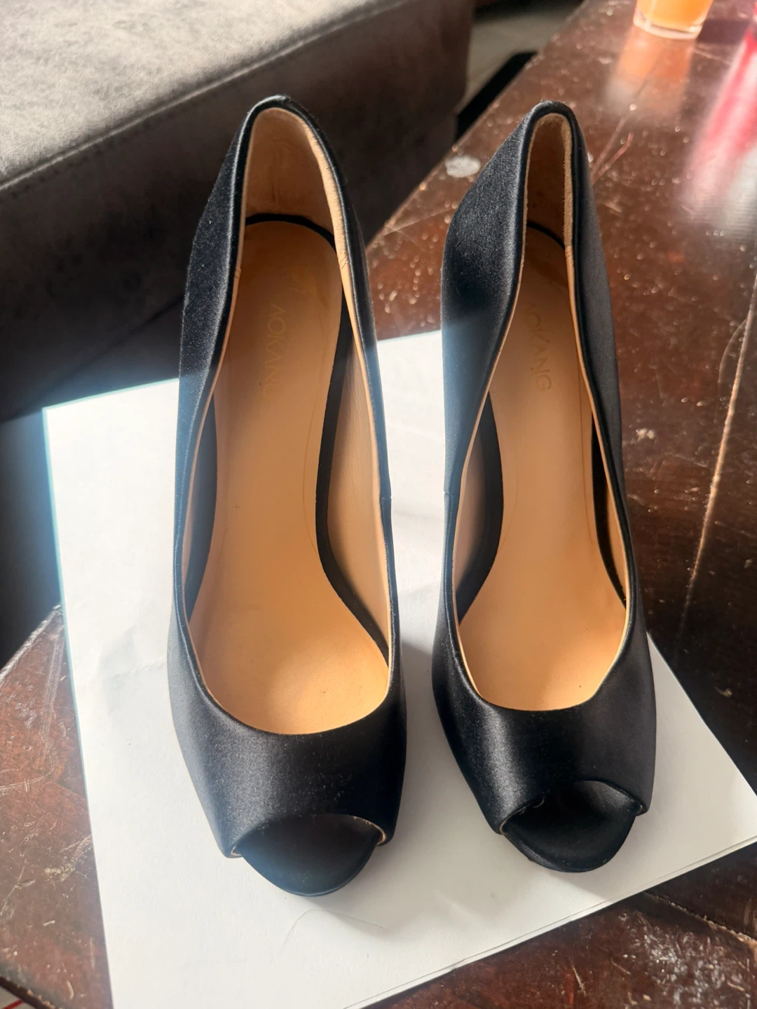 Aokang Black Satin Peep-Toe Heels - photo 2