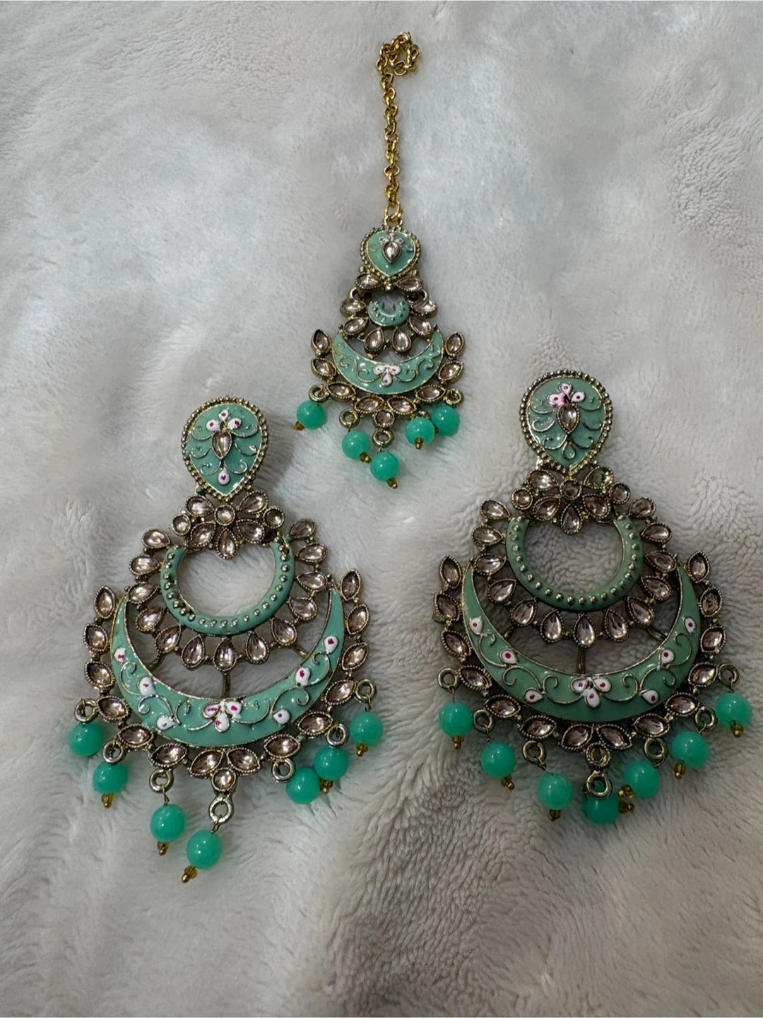 Mint Green Earrings and Maang Tikka Set