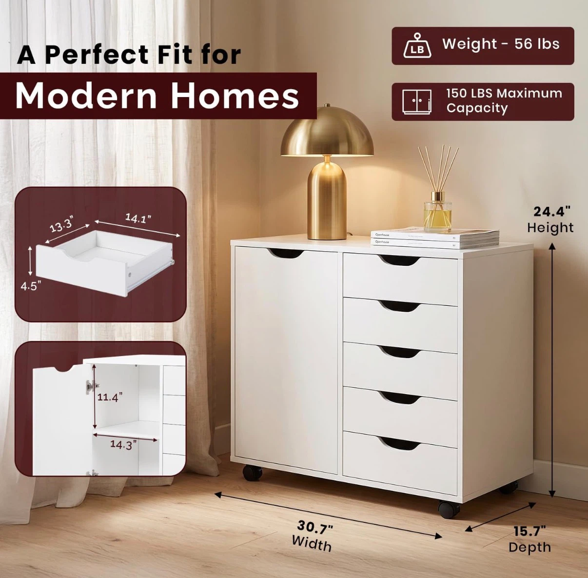 5-Drawer Rolling Drawer Dresser With Cabinet - photo 2