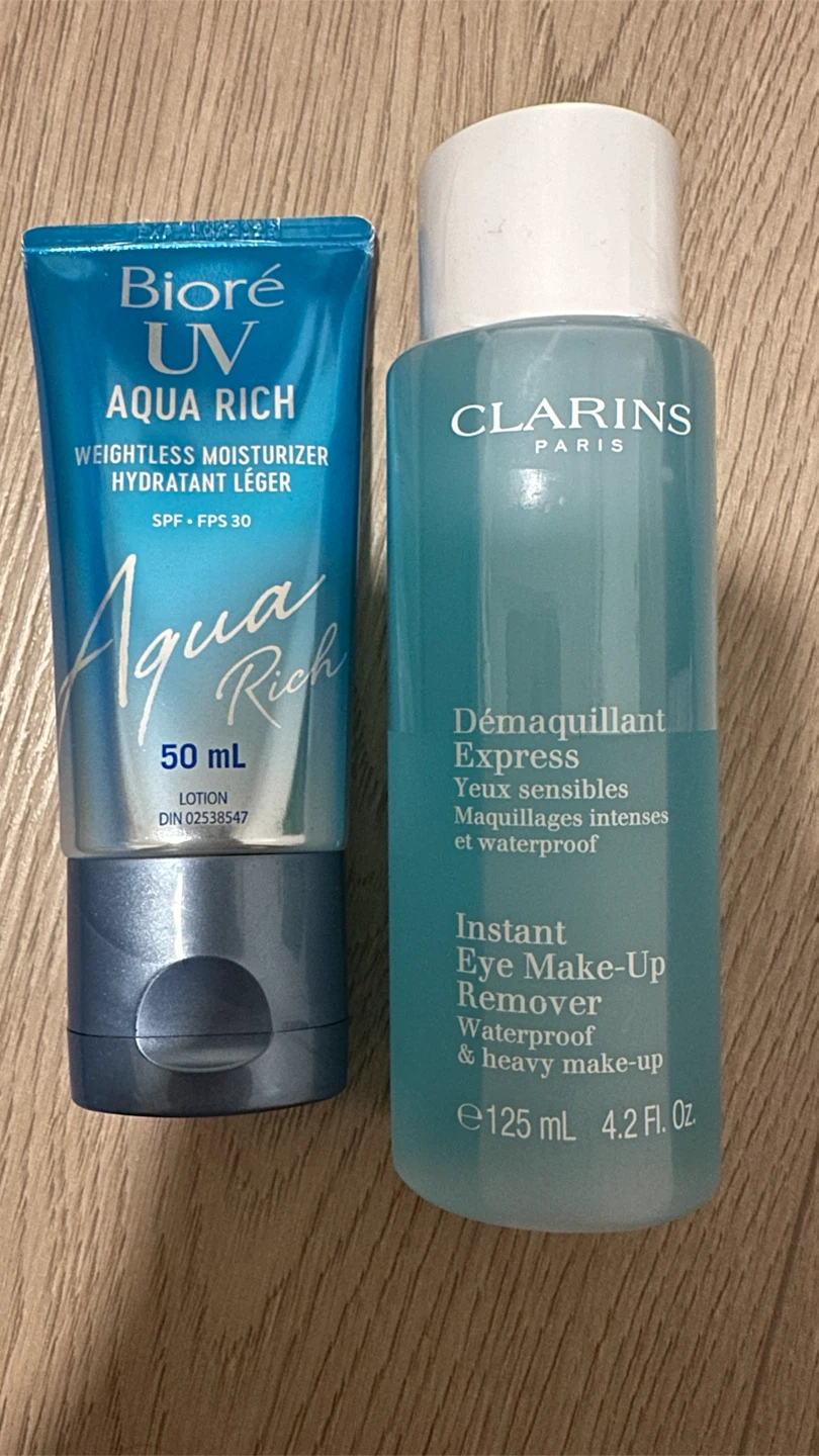 Bioré Aqua Rich Moisturizer and Clarins Eye Makeup Remover