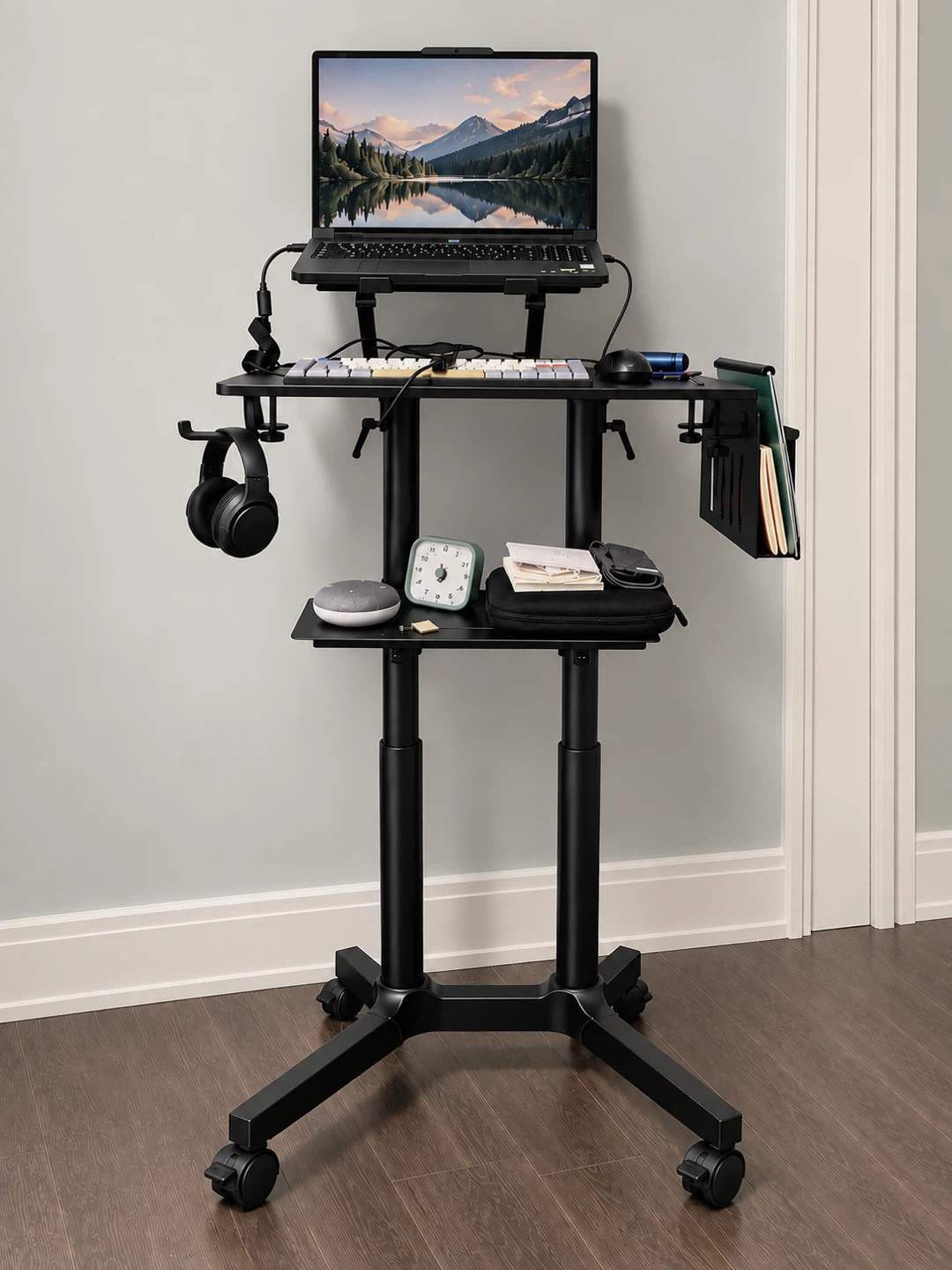 Mobile Standing Desk with Laptop Shelf and Storage