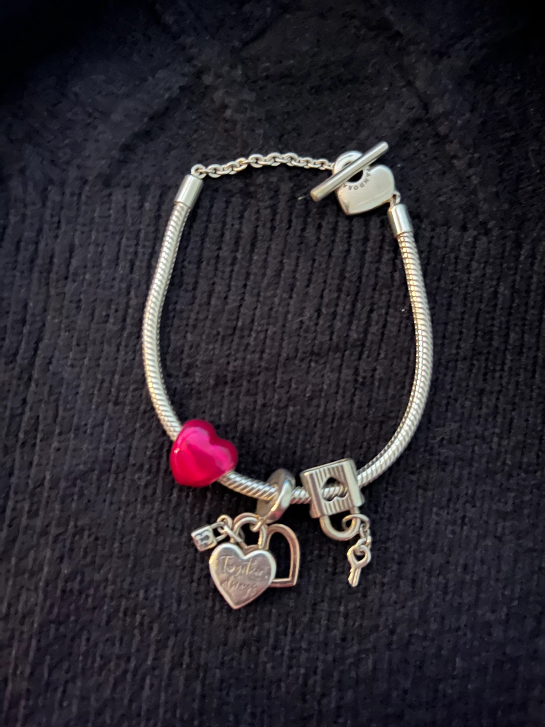 Pandora Moments Heart T-Bar Snake Chain Bracelet with Charms