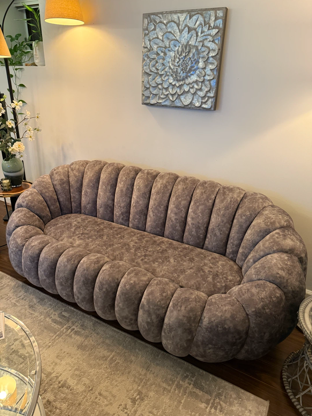Grey Velvet Channel Tufted Sofa