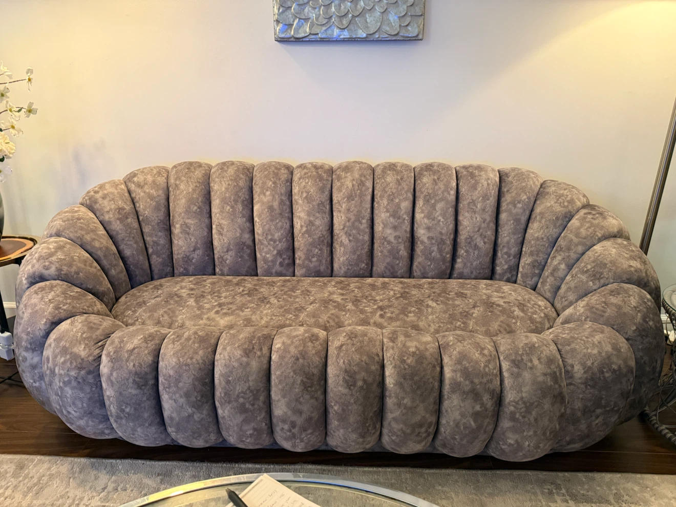 Grey Velvet Channel Tufted Sofa - photo 2