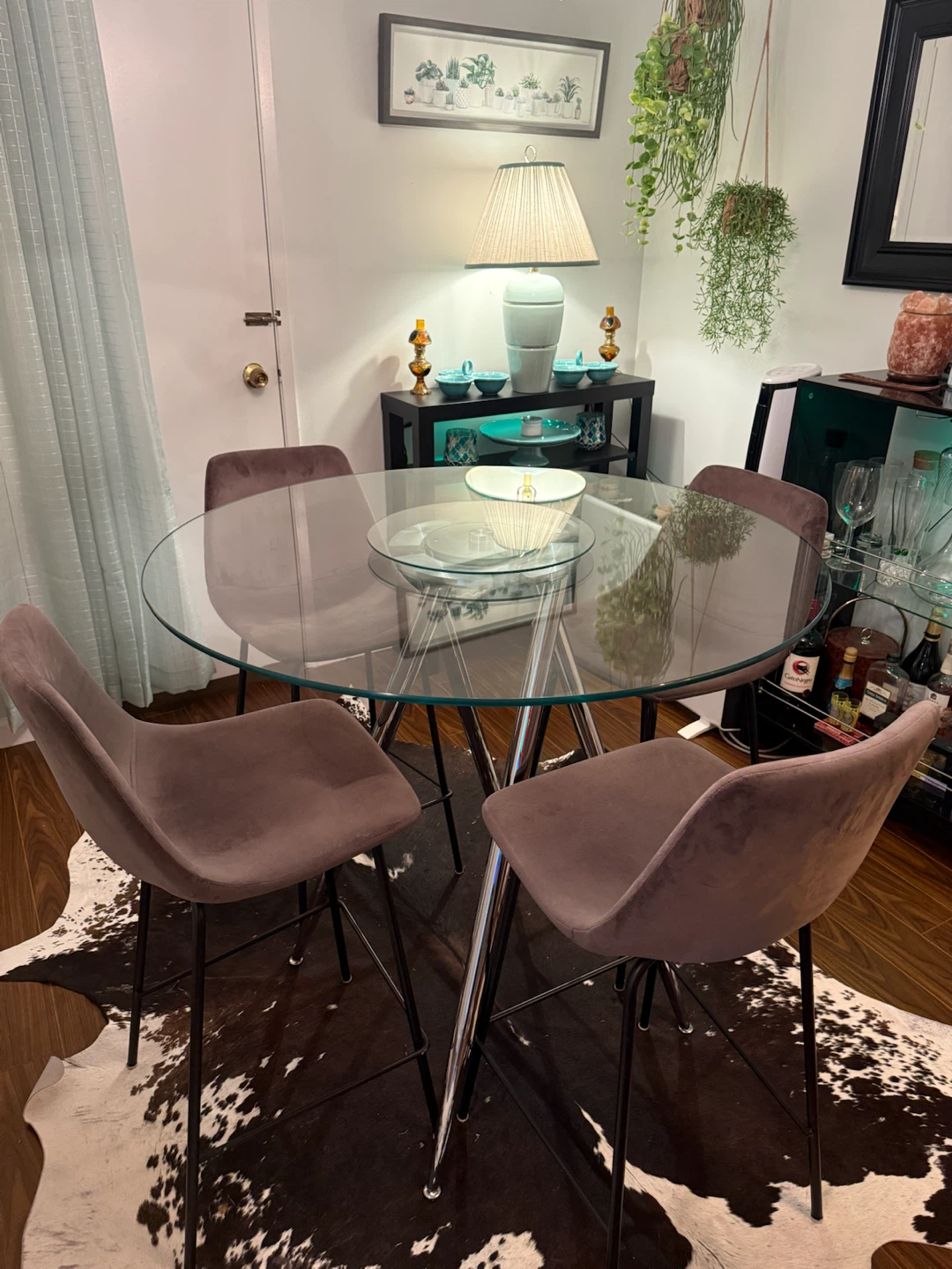 Glass Top Bistro Table with 4 Velvet Bar Stools