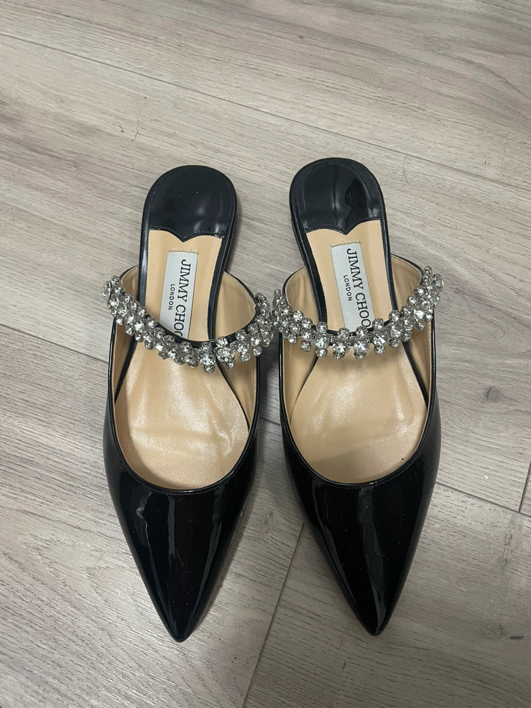 Jimmy Choo Black Patent Crystal Mules
