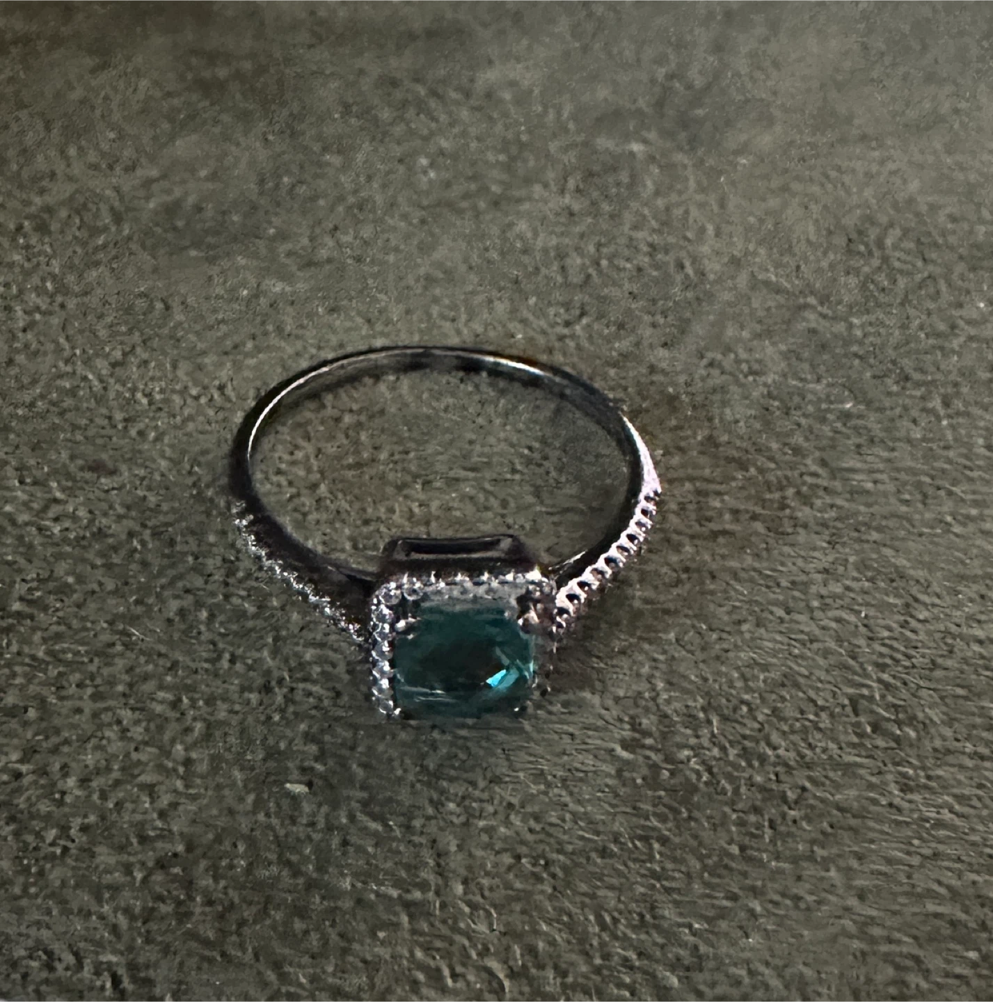 Square Teal Stone Silver Halo Ring