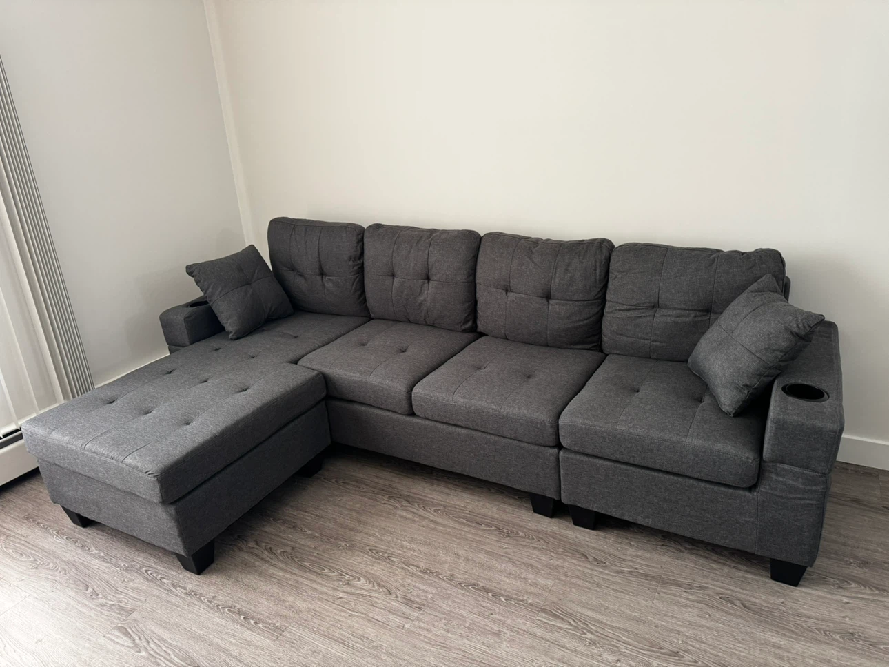 Brand New Dark Grey Sectional Sofa w/ Chaise & Cup Holders