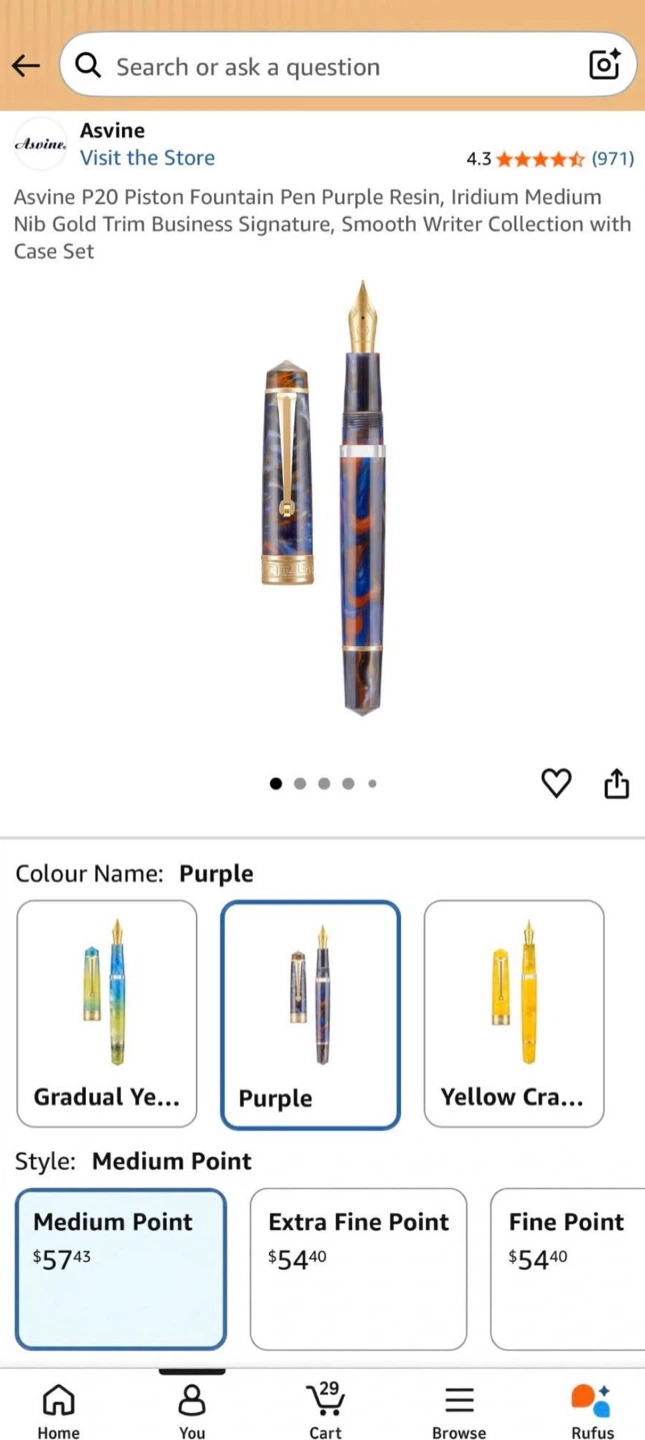 Piston Fountain Pen, Medium-Nib (Purple and Gold Resin)