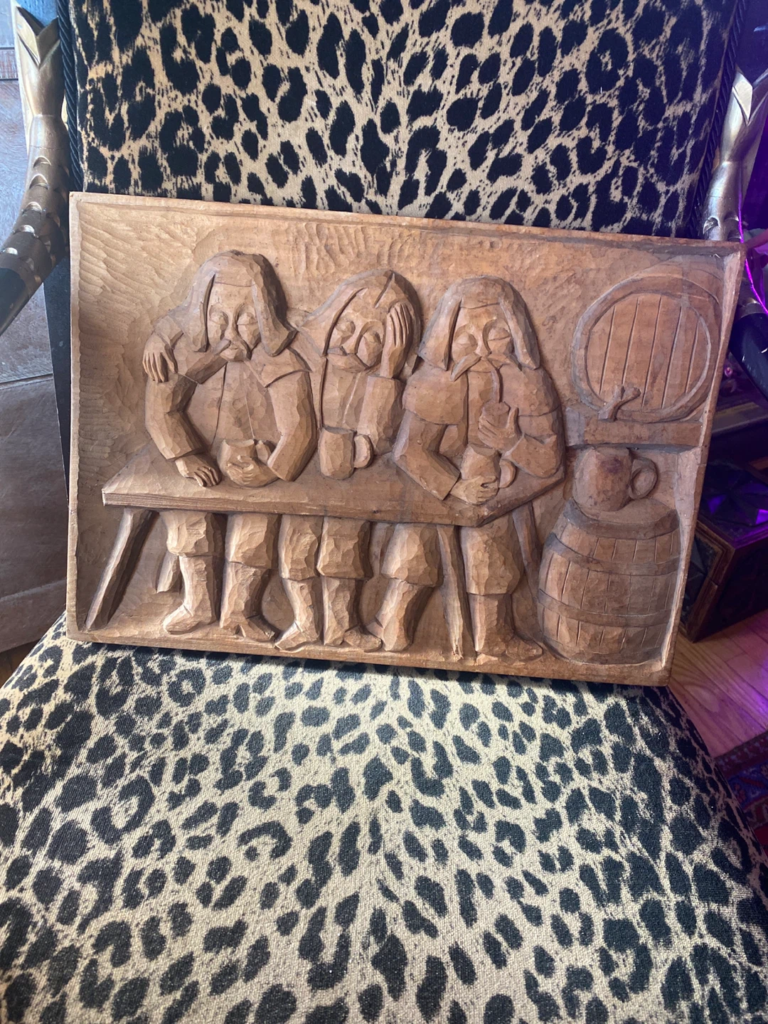 Hand-Carved Wooden Tavern Scene Wall Plaque