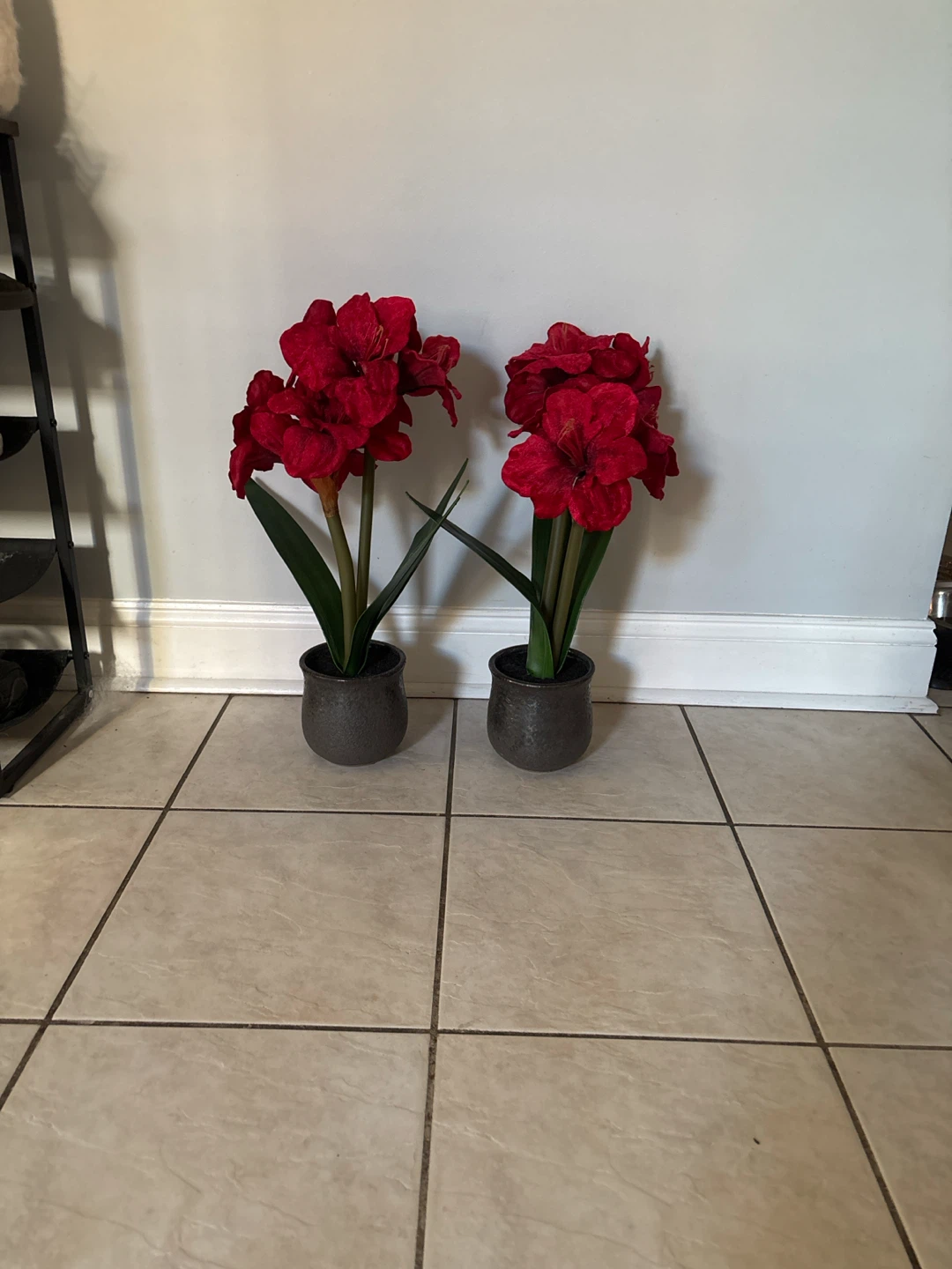 Two Red Faux Amaryllis Plants in Pots