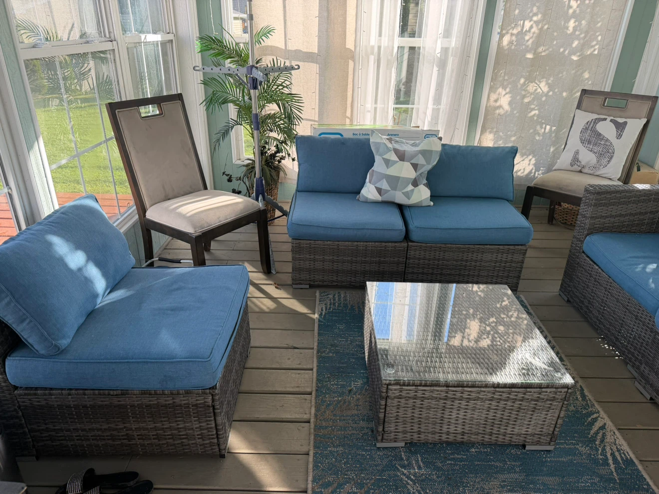 Wicker Patio Furniture Set with Blue Cushions